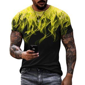 Men's Graphic Print T-Shirt 3D Design Yellow Flames Crew Neck - Short Sleeve